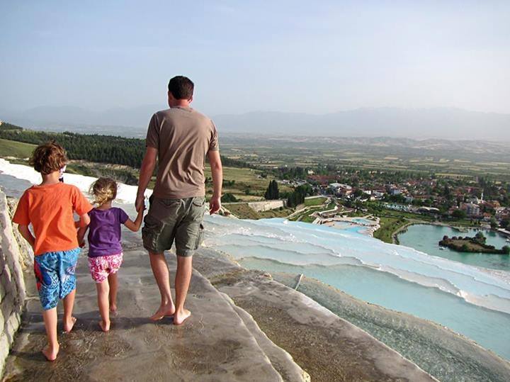 Dad and the kids in Pamukkale, Turkey