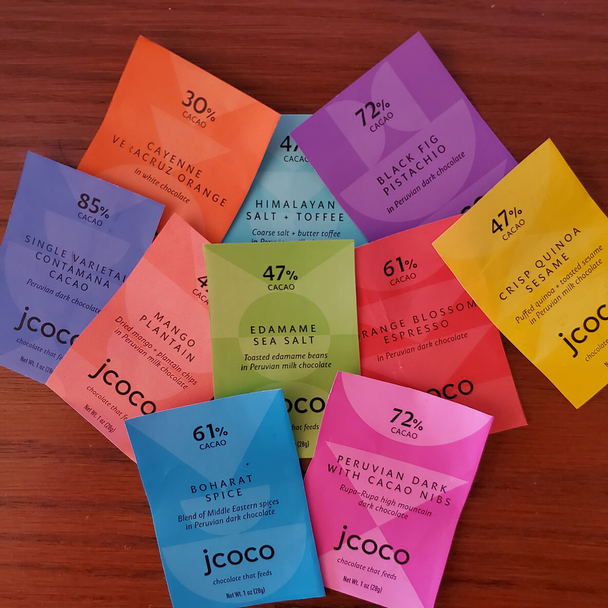 Flat lay of the prism collection chocolate packaging