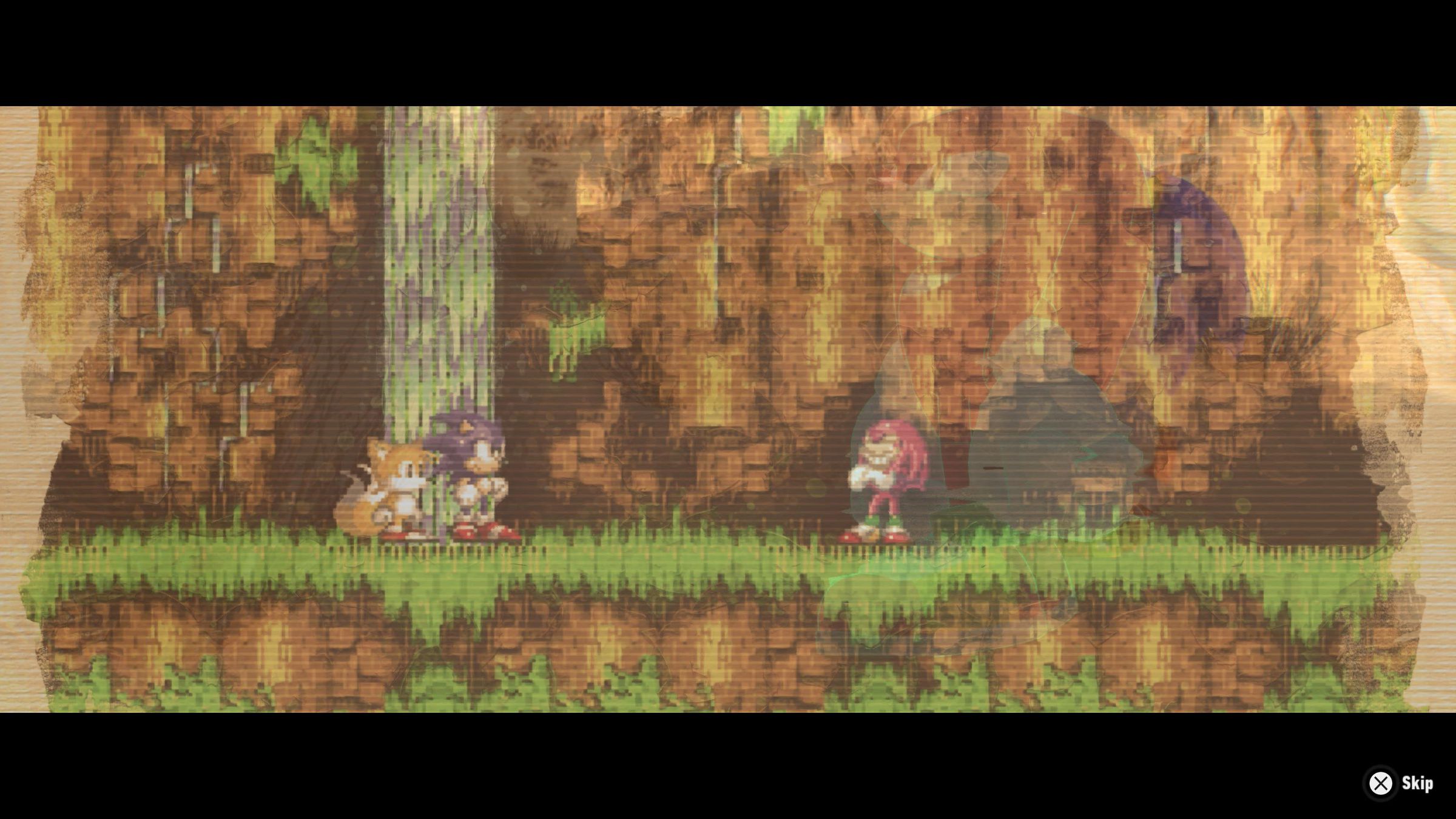 Screenshot from Sonic Frontiers that is itslef a screen from Sonic 3 and Knuckles featuring a 16bit pixelated Sonic, Tails, and Knuckles