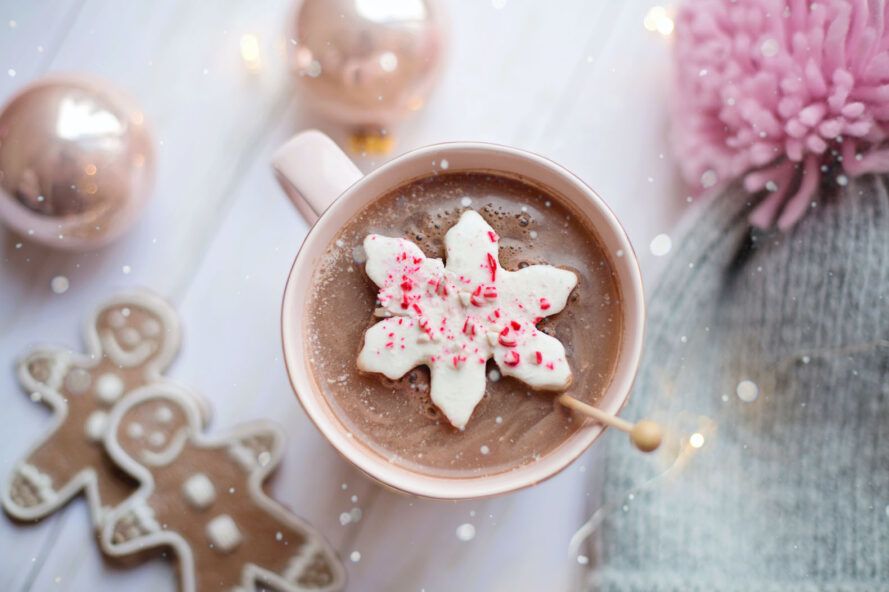 A cup of hot chocolate with a snowflake marshmallow