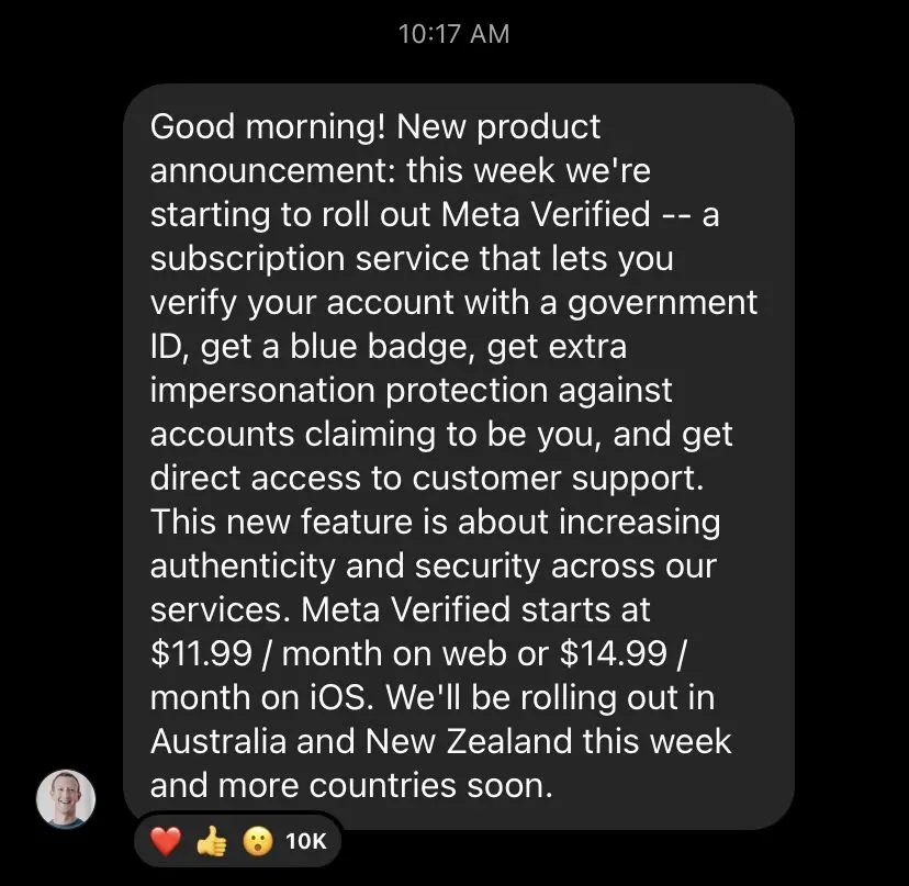 Mark Zuckerberg announcement of Meta Verified