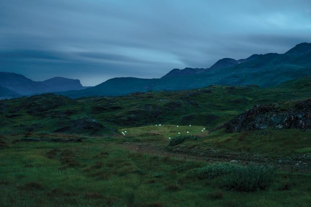 green hills with mountains in the background
