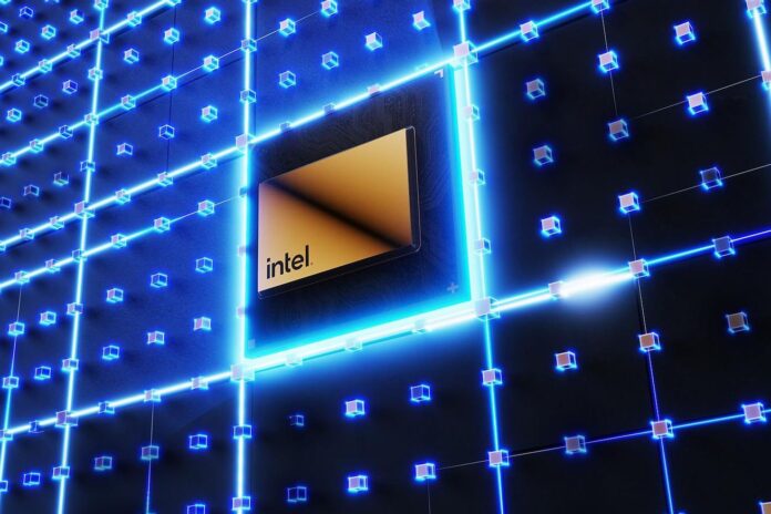 An artist’s representation of an intel processor, in copper, surrounded by tiny blue block-shaped nodes on a grid.