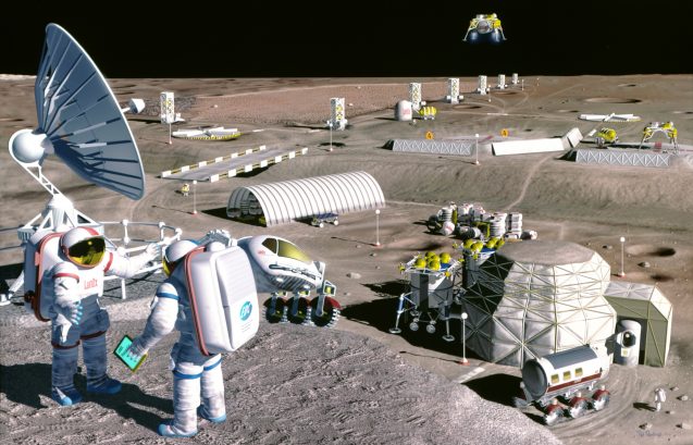 illustration with astronauts standing in front of a moon colony