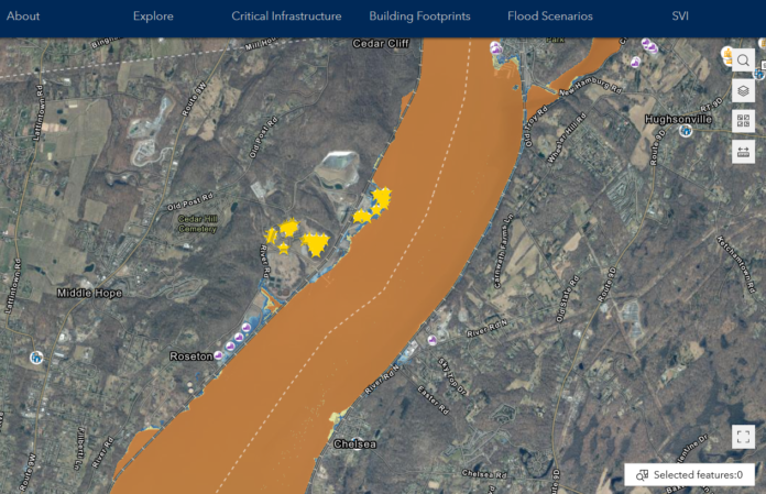 Display image from the NYS FIDSS mapping tool shows a zoomed-in area of Newburgh, New York, in the lower Hudson River Valley, shows critical infrastructure along the river, vulnerable to flooding. 