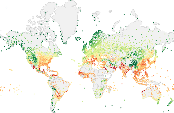 Global map showing wet bulb temperatures