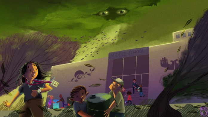 An illustration of a dark and fantastica world with people working together