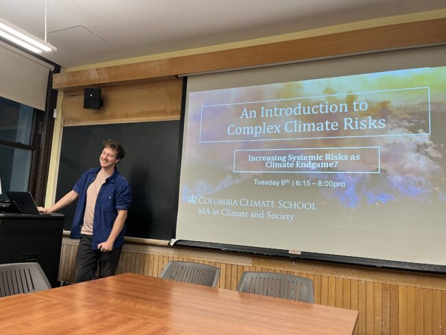 Climate physicist Kai Kornhuber teaching his class, An Introduction to Complex Climate Risk