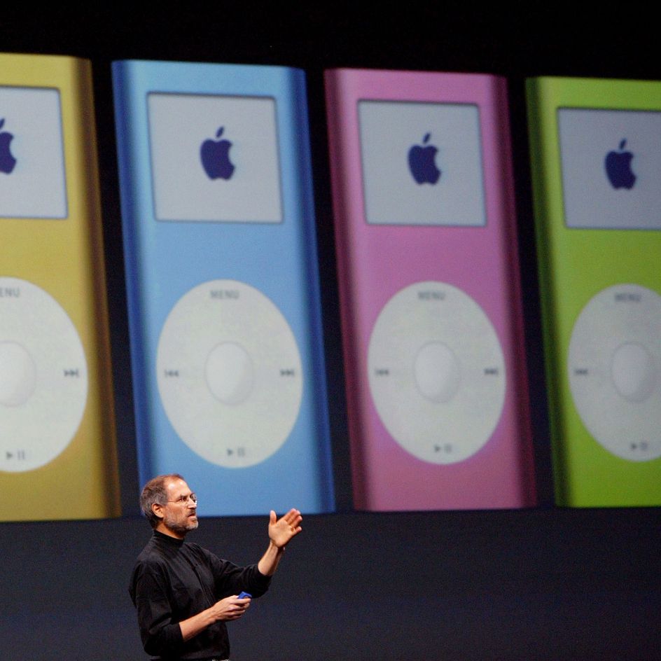 Apple CEO Steve Jobs announces the new mini iPod available in five colors during a keynote address at Macworld January 6, 2004 in San Francisco. Jobs announced several new products including the new iLife 4 software and the Mini iPod.