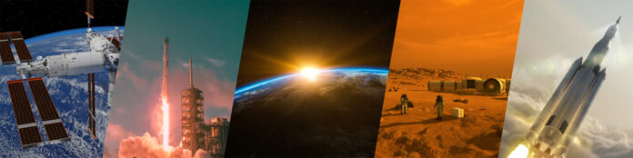 Collage image of a space station in orbit, rockets in flight, sun break over the Earth, and an artist